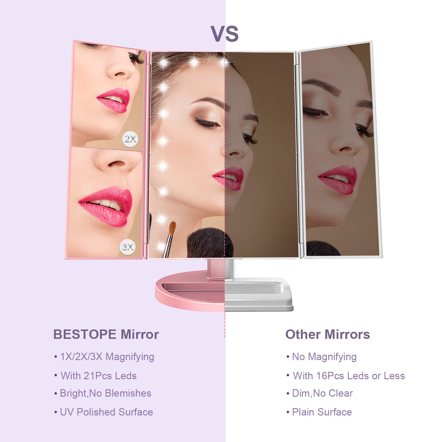 Amazon.com: BESTOPE 24 LED 化妝鏡，3X/2X 放大鏡，可拆卸10X 放大鏡